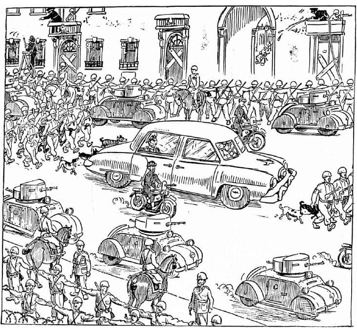 کاریکاتور روزنامه‌ چلنگر که مراسم عبور شاه [در وضعیت خفقان و سرکوب نیروهای اجتماعی و سیاسی] از شهر در ۴ آبان ۱۳۳۱ را نشان می‌دهد.