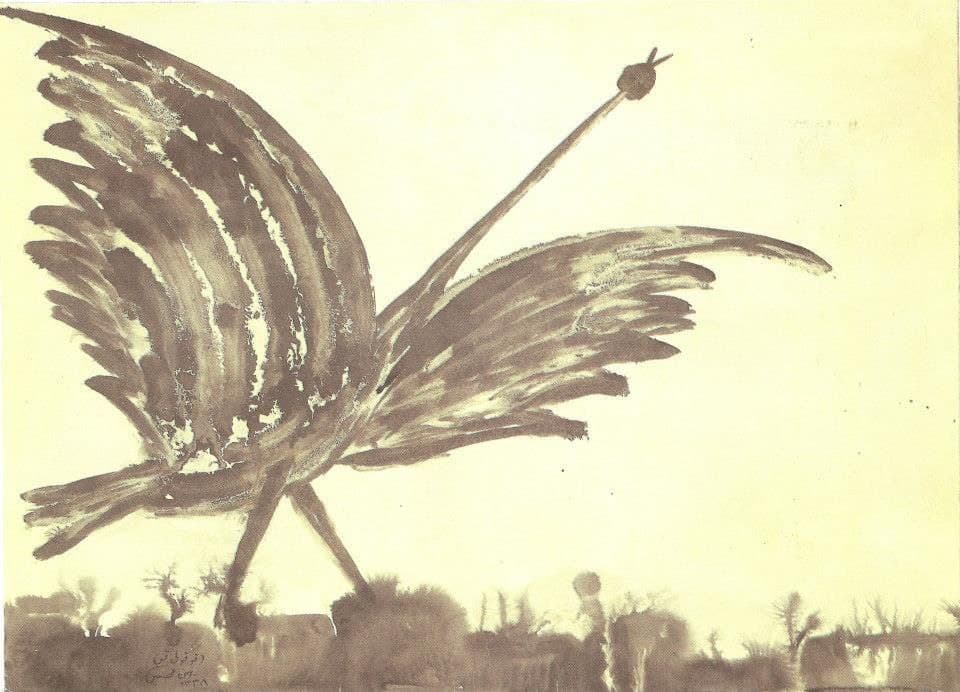 با یک قلب 
و دو پلکِ دور‌ پرواز
کنار سایه‌ات
می‌نشینی و 
اندوه
تکه‌تکه‌ات می‌کند.

هوشنگ آزادی‌ور
از مجموعه پنج آواز برای ذوالجناح

*نقاشی از بهمن محصص؛ که آن را سال ۱۳۳۸ برای شعر «قوقولی قو، خروس می‌خواند» نیما کشیده است.